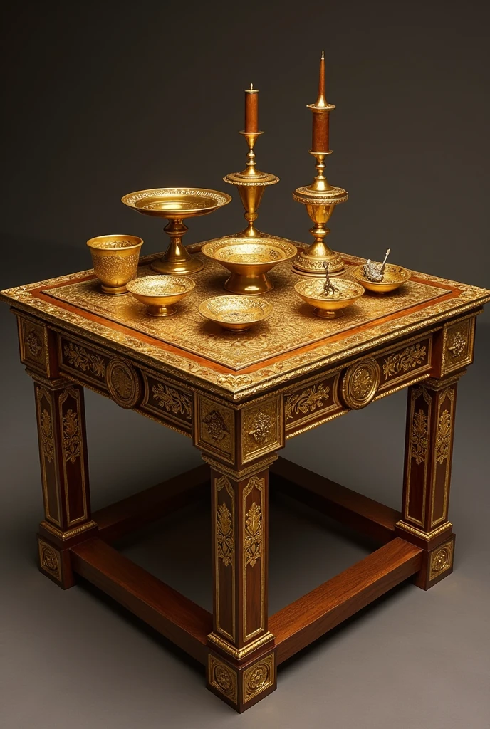 "Make a table out of acacia wood that is three feet long, forty-five centimeters wide and seventy centimeters high. 24 Overlay it with pure gold and make a gold molding around it.. 25 Make a border around it four fingers wide, and a gold molding for the border.. 26 Make four gold rings for the table and fasten them to its four corners., where are your four feet. 27 The rings should be attached close to the edge to support the poles used to carry the table.. 28 Make the poles from acacia wood, covering them with gold; with them the table will be loaded. 29 Make its plates and its incense bowl of pure gold., their bowls and the basins into which the drink offerings are poured. 30 Place the bread of the Presence on the table, so that they are always before me.