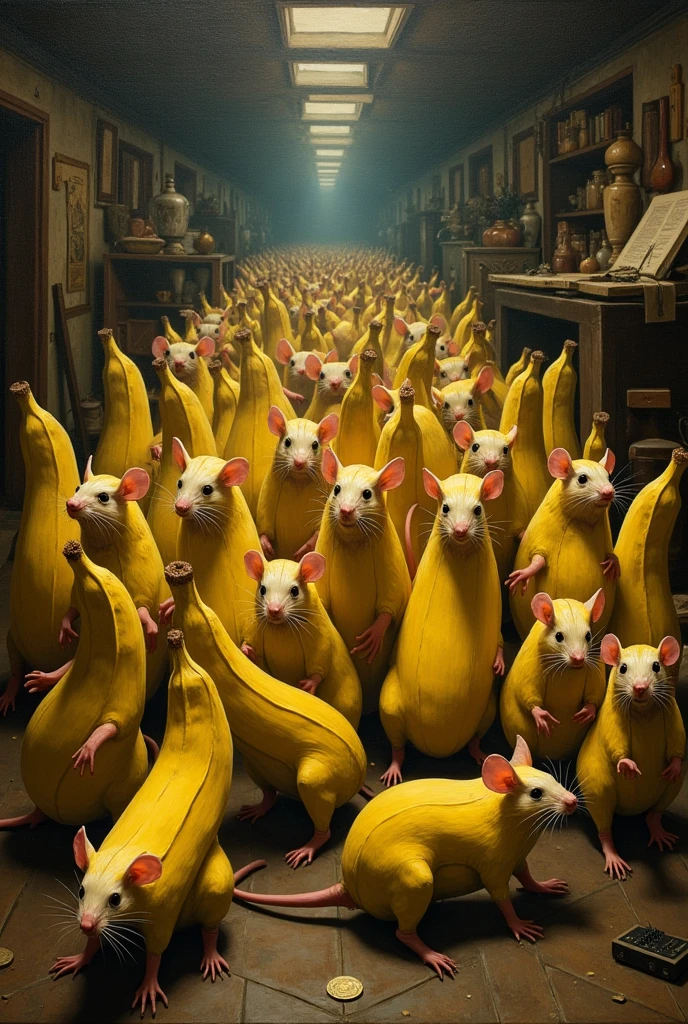 Mutated rats thousands in banana costume yellow a lot of rats in attic, cute silly scary, By da Vinci