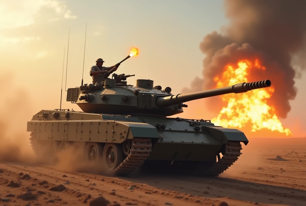 Armored Tank racing across the wasteland, firing, sparks, smoke, explosions,