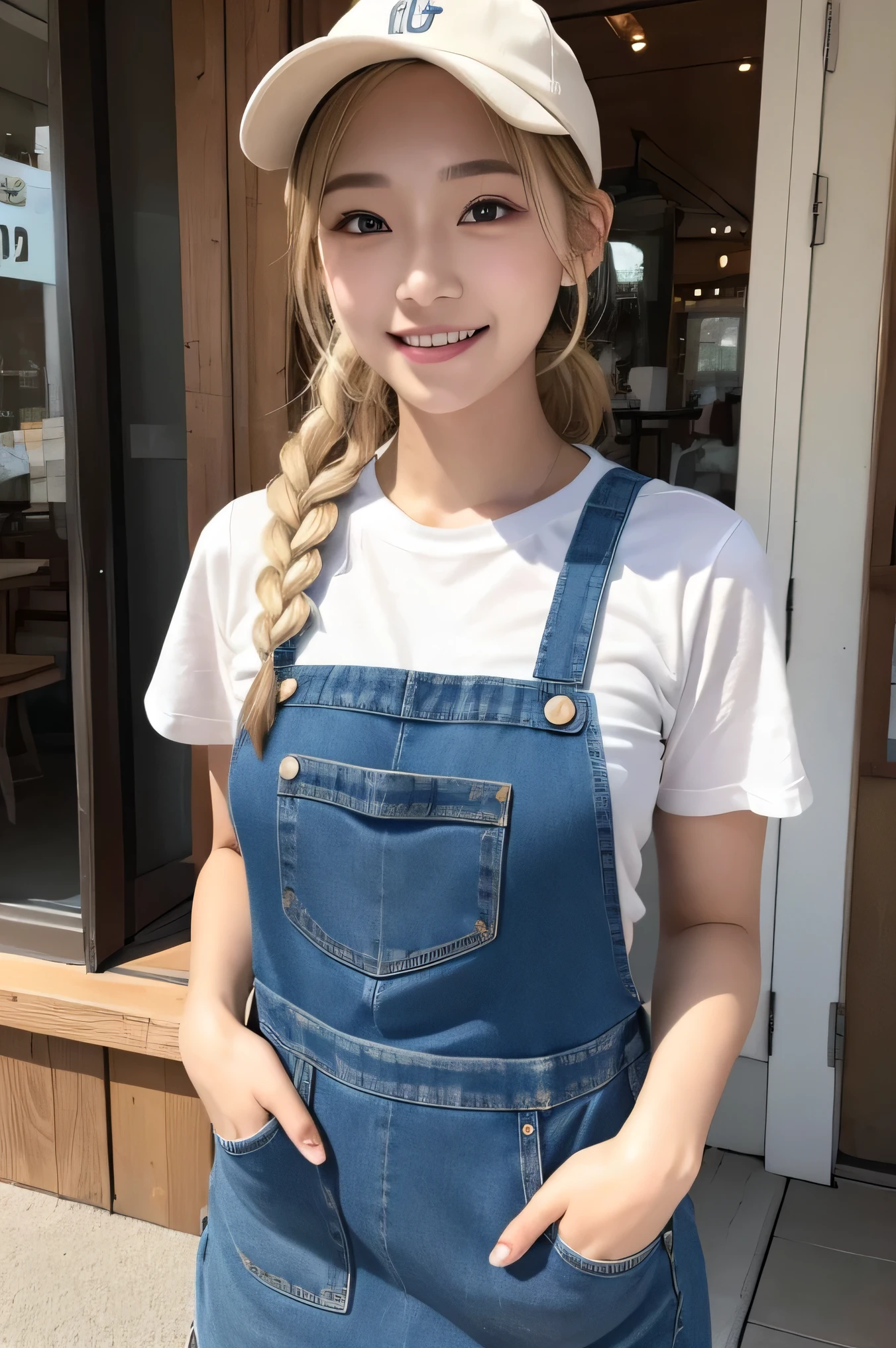 ((One girl)), 20 years old, Japan, RAW, 16K, highest quality, masterpiece high definition, ultra realistic sweet girl, beautiful face, beautiful body, natural light, (delicate human skin texture, detailed beautiful face), small_bast, laugh, hands up, blonde, braided hair, cafe terrace, cafe waitress, denim cap, t shirt, denim apron,