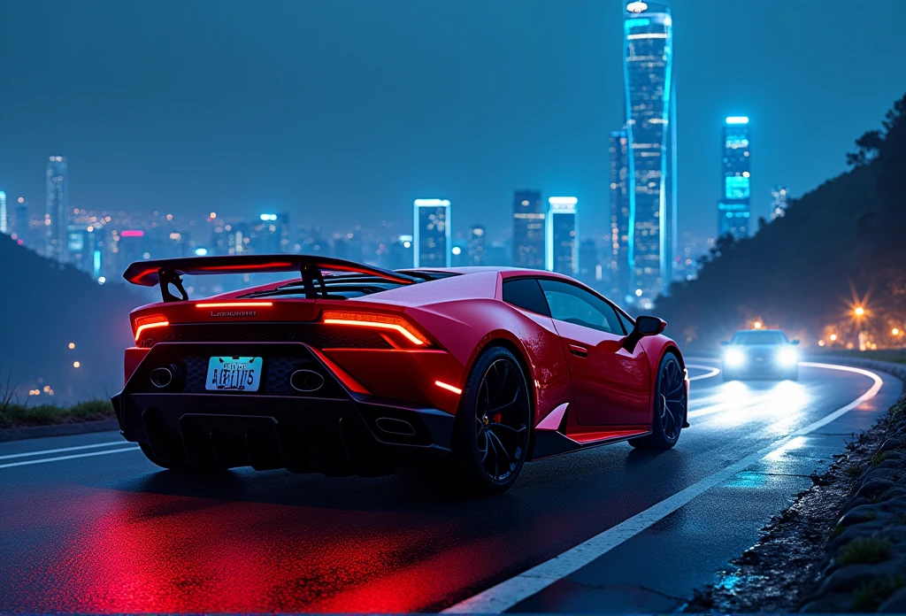 (best quality, 8ก, Masterpiece :1.2), Too realistic, cyberpunk, At the mountain, Lamborghini Huracan red details, When accelerating, (Facing the audience), The blue skyscraper is in the background., at night,