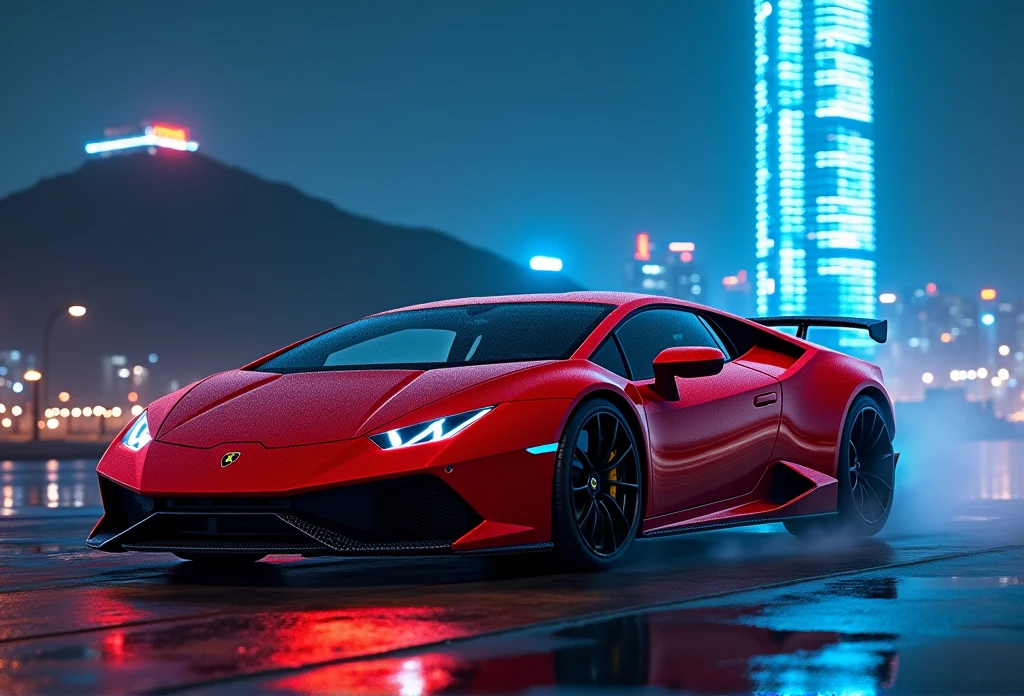 (best quality, 8ก, Masterpiece :1.2), Too realistic, cyberpunk, At the mountain, Lamborghini Huracan red details, When accelerating, (Facing the audience), The blue skyscraper is in the background., at night,