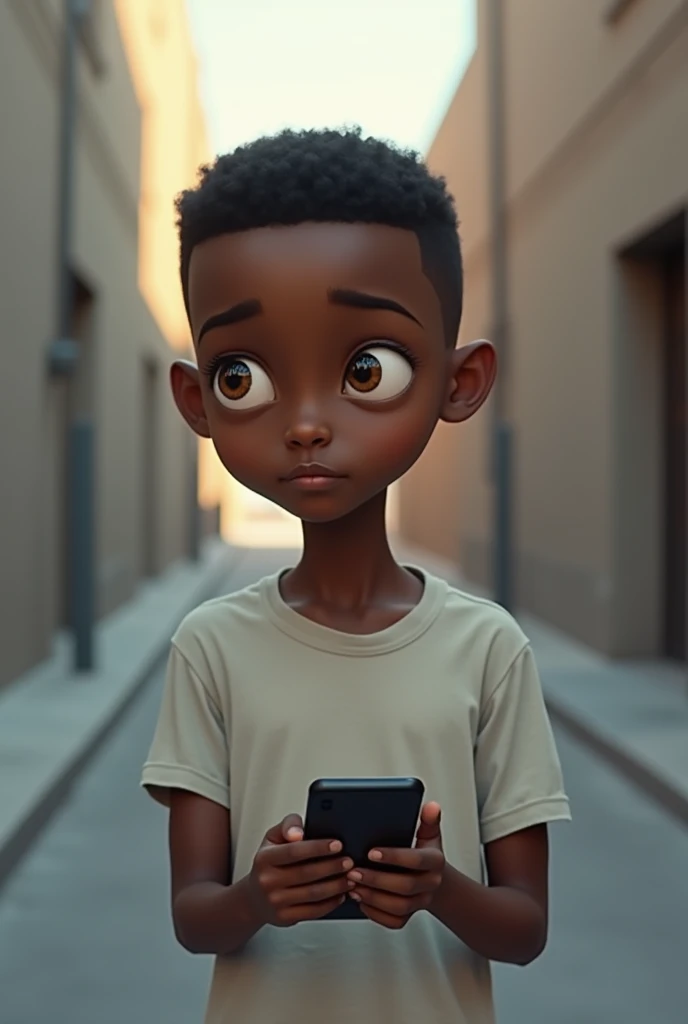 Dark-skinned boy with brown eyes and a slim body with a cell phone in his hand