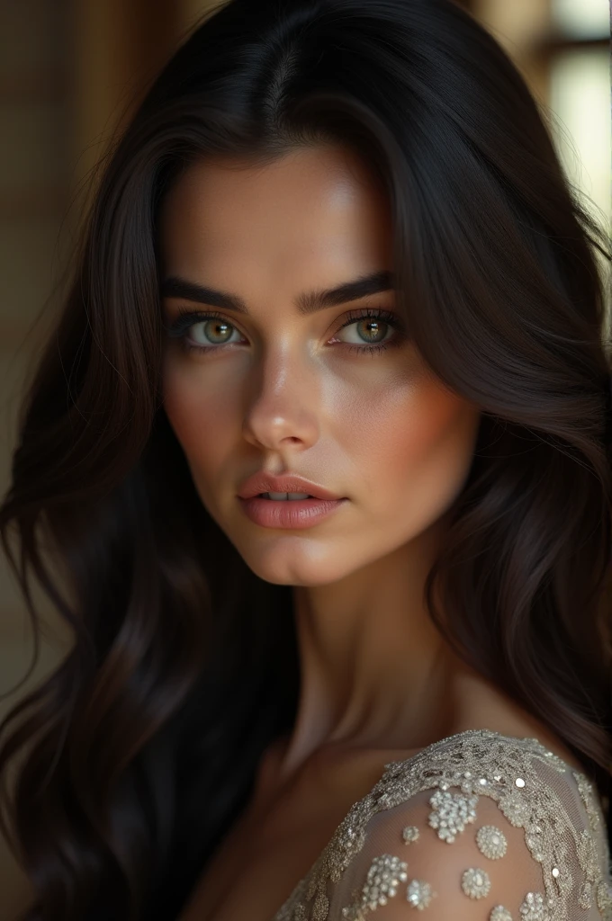 elegant woman, Brunetette, long and wavy hair, 32 years old, clear eyes,