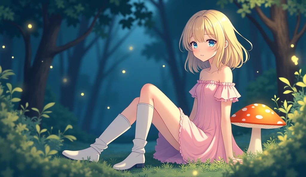 Anime girl with light blonde hair,With light blue eyes,Wearing a pink off-the-shoulder puff-sleeved dress and knee-high white boots,Sitting in the woods,Next to it is an orange mushroom,Surrounded by fireflies under the starry sky