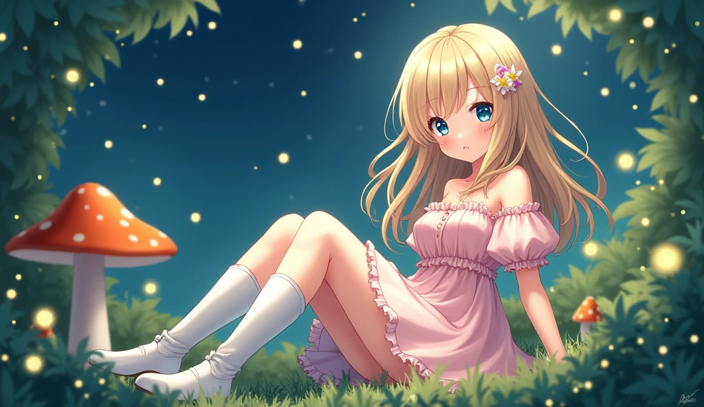 Anime girl with light blonde hair,With light blue eyes,Wearing a pink off-the-shoulder puff-sleeved dress and knee-high white boots,Sitting in the woods,Next to it is an orange mushroom,Surrounded by fireflies under the starry sky