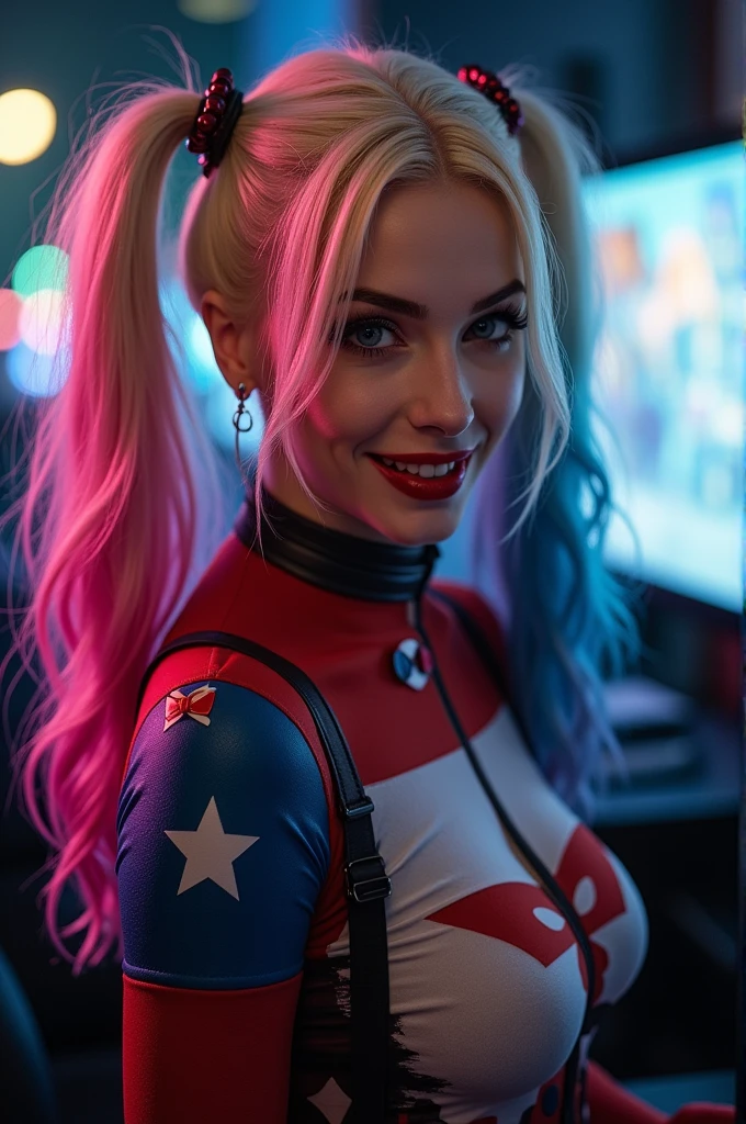 look alike crazy Harley Quinn playing video games