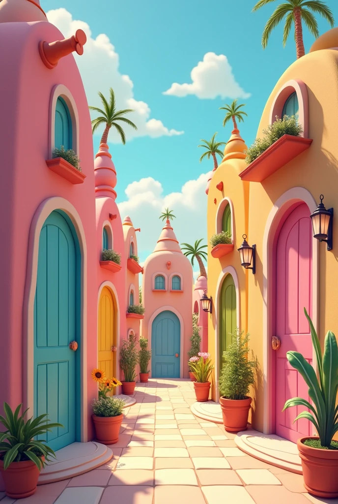 Create a scene where there are many pastel-colored doors, Simple but with animation like the cartoon Lola and Charlie