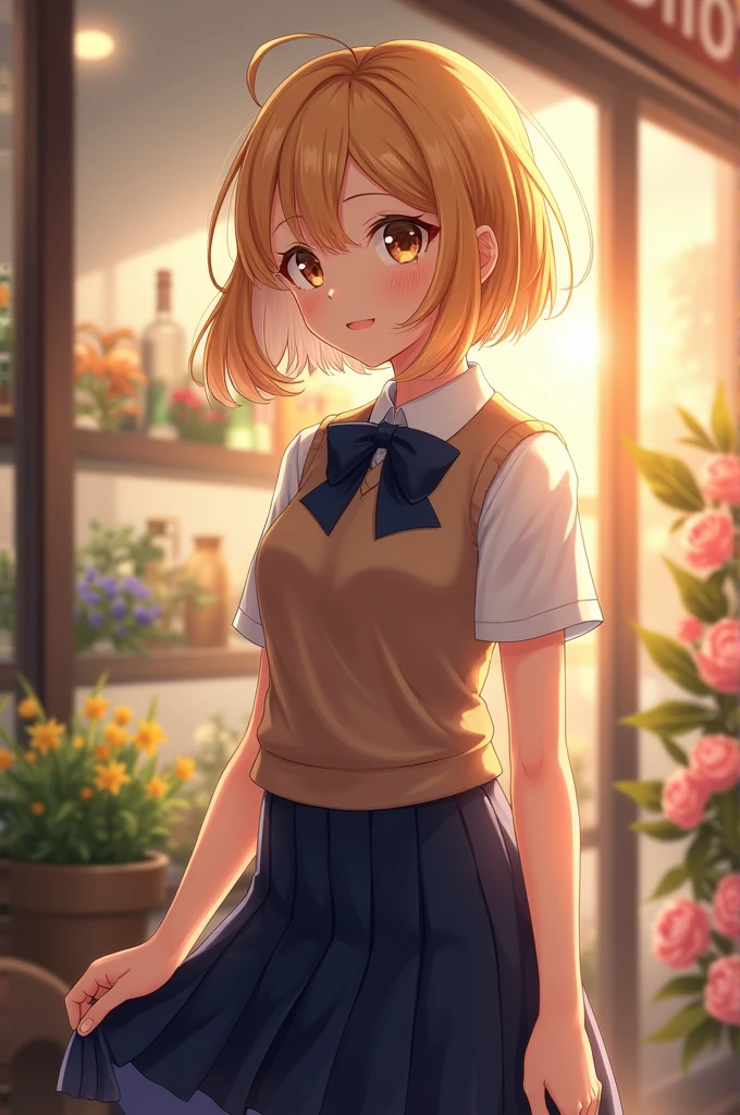 (masterpiece:1.2, Highest quality), (Realistic, photoRealistic:1.4), Beautiful illustrations, (Natural Side Lighting, Cinema Lighting), Written boundary depth,
Looking at the audience, (Face Focus, Upper Body), Front view, 1 girl, English, high school girl, 15 years old, Perfect Face, Symmetrical cute face, Glowing Skin,
(Bob Hair:1.7,blonde), Asymmetrical bangs, Big eyes, Droopy eyes, long eyelashes chest), thin,
Beautiful Hair, Beautiful Face, Beautiful and beautiful eyes, Beautiful clavicle, Beautiful body, Beautiful breasts, Beautiful thighs, Beautiful legs, Beautiful fingers,
((Quality fabric texture, brown knit vest, Short sleeve white collar shirt, Navy Pleated Skirt, Navy bow tie)),
(Beautiful views), evening, (Inside the flower shop), Are standing, (smile, Superior, Open your mouth), (((Skirt Lift, I can see your pants))) tits Pussy Squirting Erotic shame