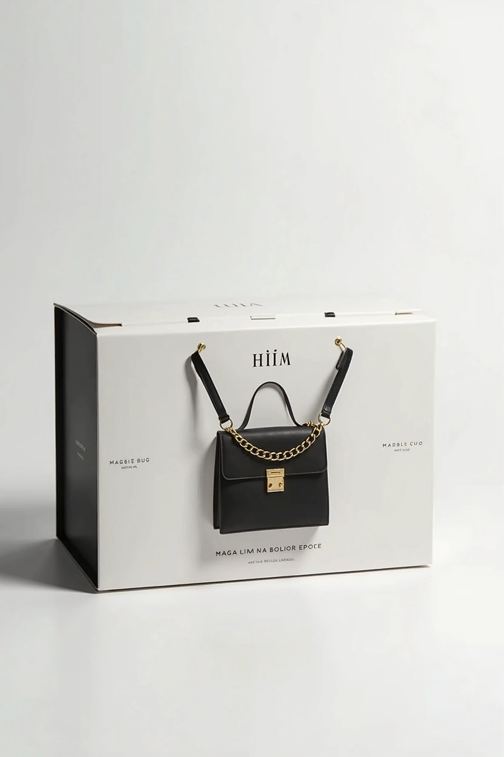 him/Brand: A packaging design for a classic fashion brand.
• Visual Composition:
• Header: The brand name in an elegant serif typeface, possibly in italics.
• Color palette: black and white, with possible accents in gold or silver grey.
• Visual elements: Clean and clear lines, with a focus on symmetry and balance. A white background with enough negative space to give a luxurious feel.
• Images: A central image of the product a bag in a minimalist style.
• Details: Fine edges and embossed details for a three-dimensional and sophisticated touch.