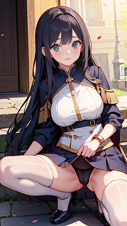 Highest quality, Official Art, masterpiece, Fabric Shading, High resolution, Very detailed, colorful, Best details, Fantasy, Combat Uniform:1.5, 1 female, Age 25, Black Hair, Long Hair, Up bang hair, One Length, Standing on the stairs, A castle town with an old castle, sunny, Random Hair, Large Breasts, skinny, Surrounded by many people:1.9, Confetti falling, Blessed, welcome:1.5, Camel Toe:1.3, Ground level shot:,No stockings,No stockings,Squat, Spread your legs