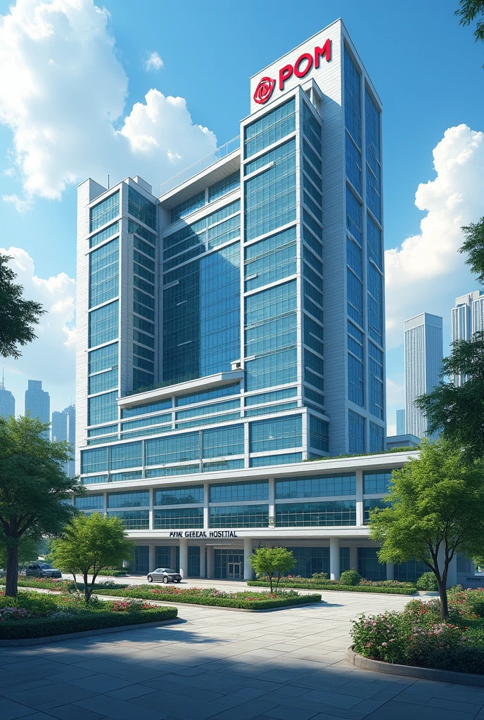 A big hospital near a city with the logo POM General Hospital