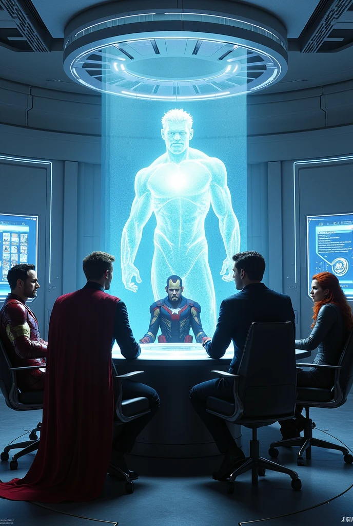 A futuristic Avengers' briefing room with high-tech holographic displays. The Avengers (Iron Man, Captain America, Thor, Black Widow) are gathered around a central table. A holographic message from Lord Zarnak is projected in the center, casting a dramatic glow. The room is sleek, with metallic surfaces and advanced technology