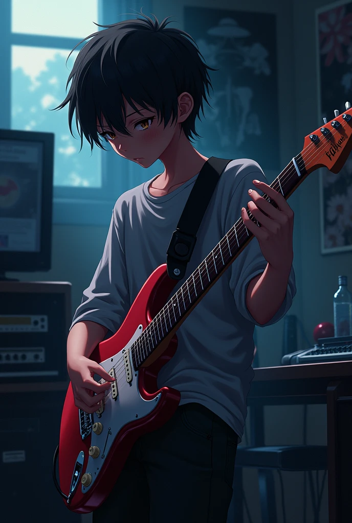 Anime Style Emotional Electric guitar Inside the room Midnight