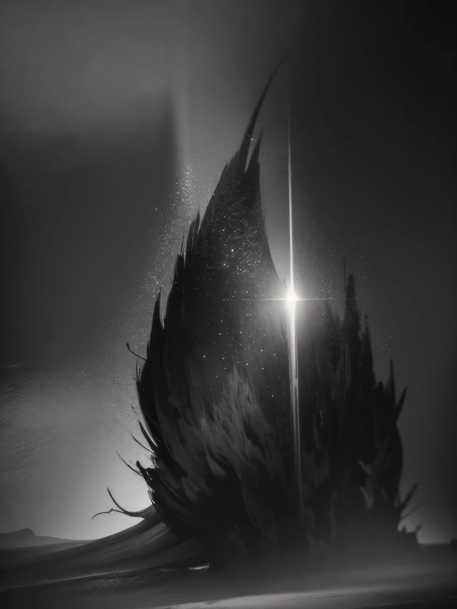 Create a technological brush painting a dark background in black and gray in a magical and surreal environment with maximum cinematic quality