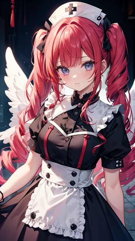 Cute Girls　Gothic Nurse Clothing　Red hair　Drill Hair　真front　Angel&#39;s wing　Devil&#39;s Tail　tooth　Background white　　One person　front　Big Tits　smile　garter belt　Patsunpatsun　Sweat　Embarrassed　邪悪なsmile、((Grin))