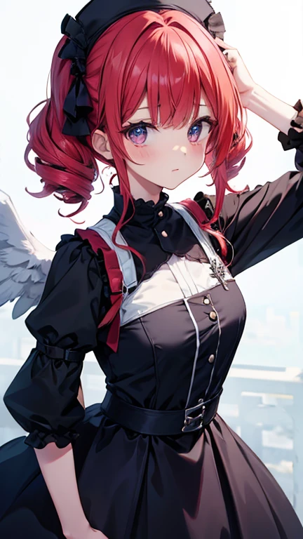 Cute Girls Gothic Nurse Clothing Red hair Drill Hair 真front Angel's wing Devil's Tail tooth Background white One person front Big Tits smile garter belt Patsunpatsun Sweat Embarrassed 邪悪なsmile、((Grin))