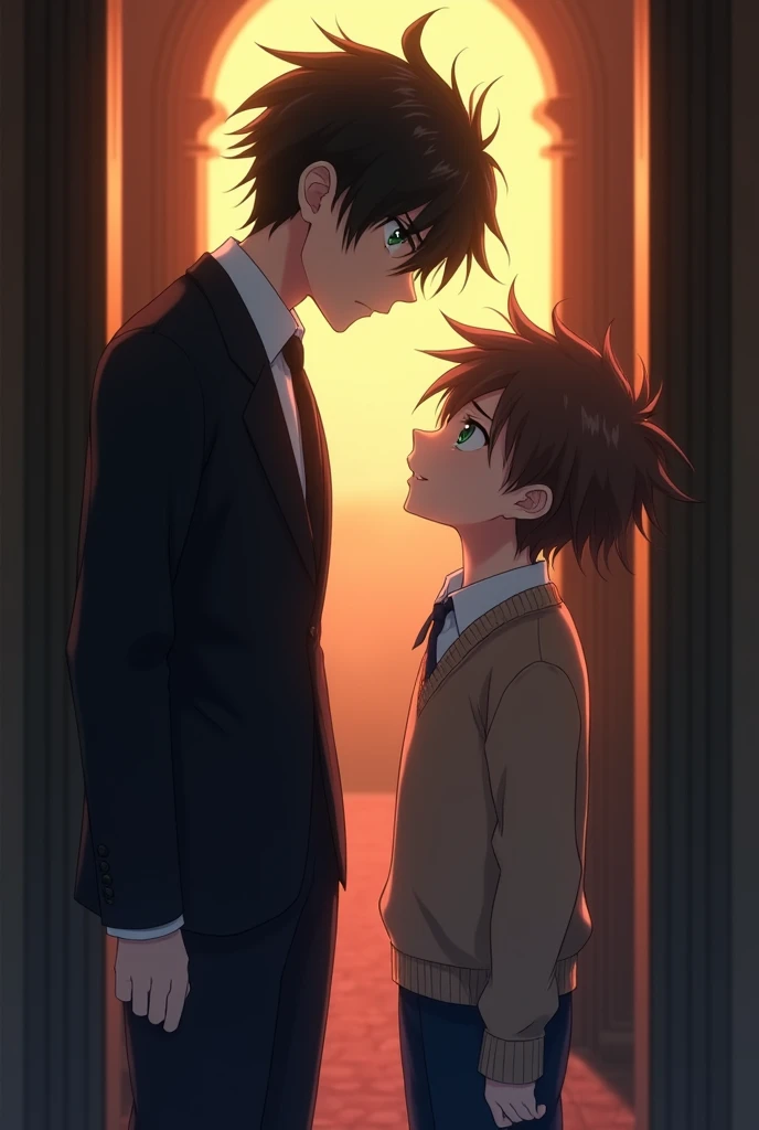 Anime style boy with black hair and green eyes with a rude expression and a frown, wearing an elegant suit with a black tie cornering against the wall a boy shorter than him with brown hair and blue eyes with a light brown sweater, a white shirt underneath and dark blue pants, with a frightened expression and her cheeks flushed, in one of the corridors with the sunset behind illuminating them and their crossed glances.