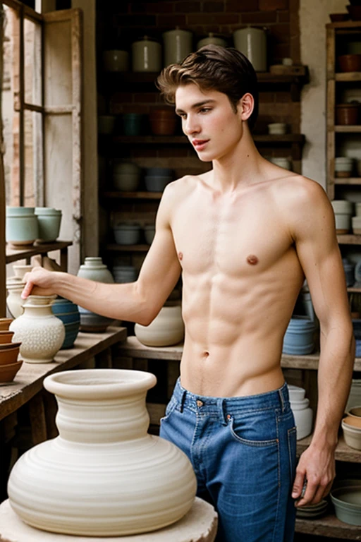 young, Beautiful, handsome, white, skinny, soft skin, beautiful face, shirtless, In an old pottery shop making a pot with an old man who teaches him