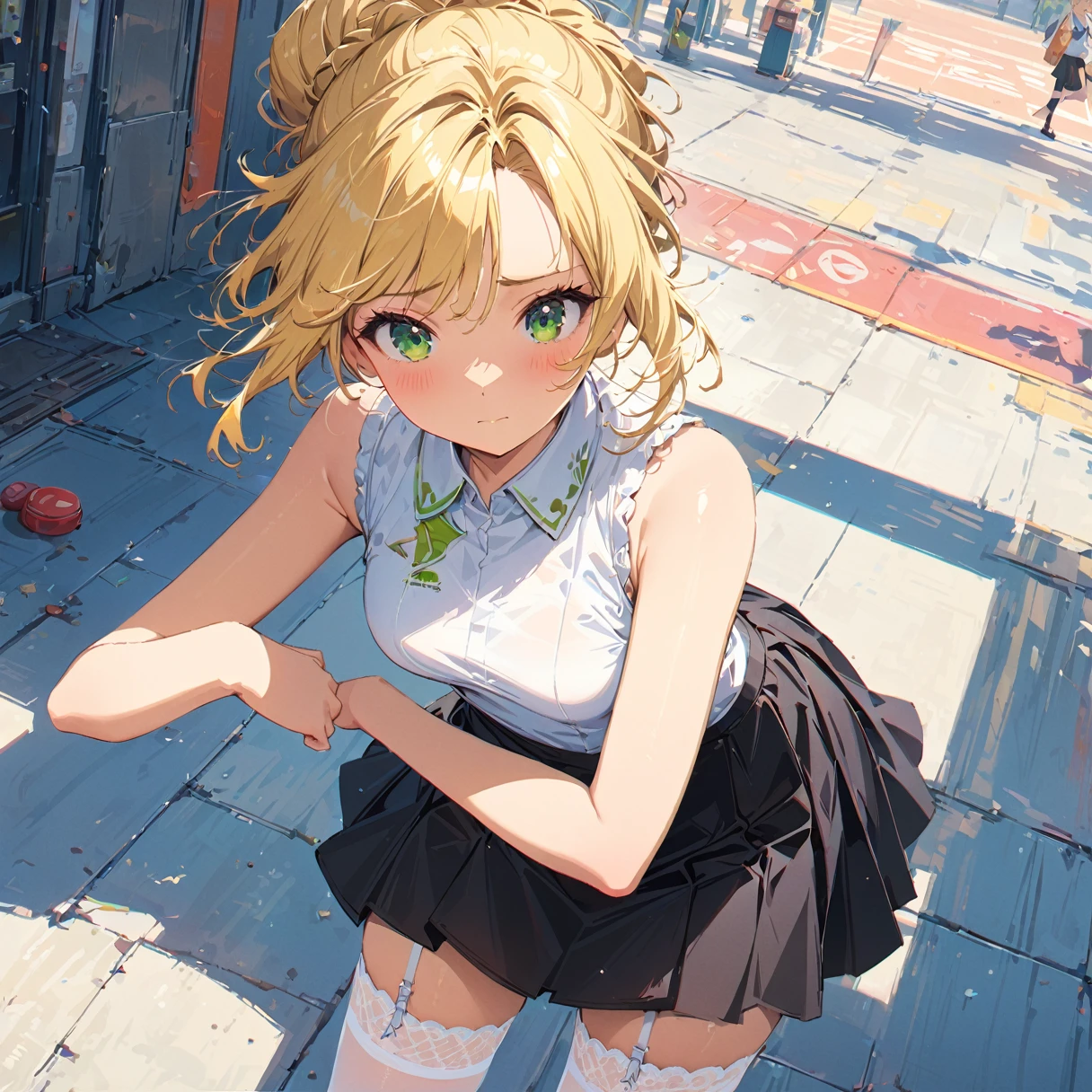 (blond hair, chignon hair, light green eyes, sleeveless shirt white, black skirt, garter stockings) 1 woman, hair up, tenis, happy, tired, high detail, conceptual art, super detail, high details, high quality, best quality, green eyes, blonde hair, pretty, tall, emotionless