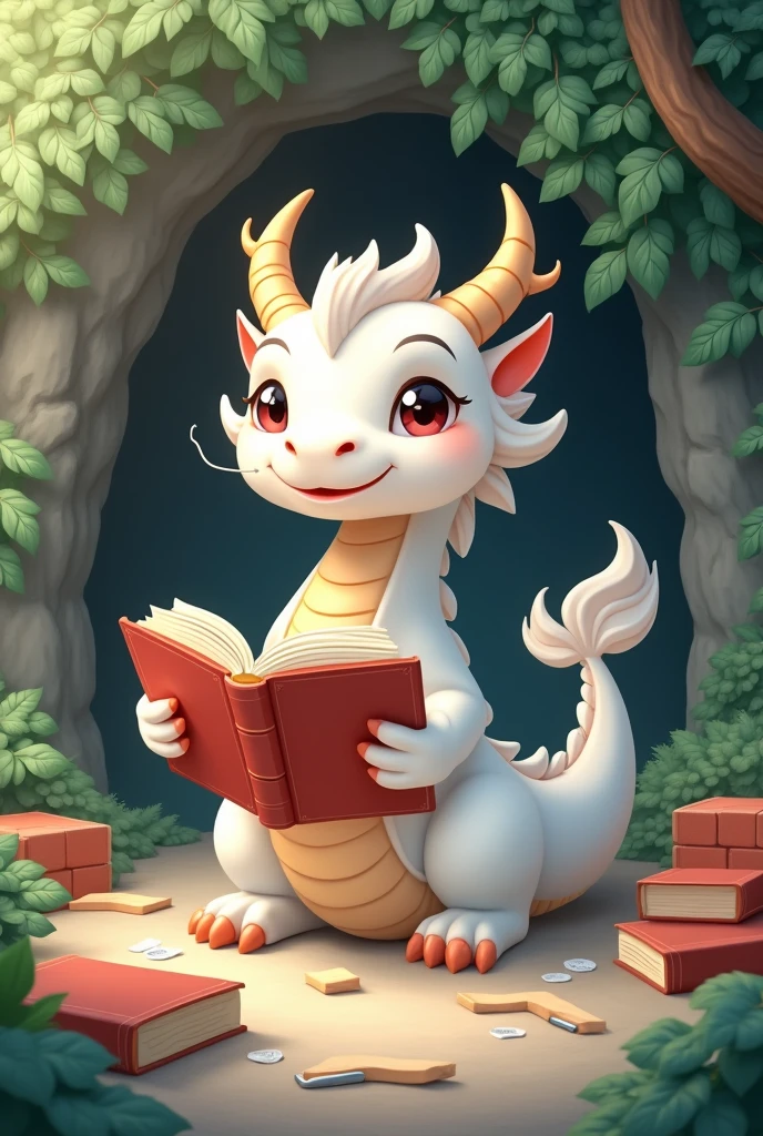 White dragon holding book,Love to learn expression,cute style,Chinese style,Background forest,cover cave,The building is half covered,Building materials spilled,Background building materials on the ground,Lots of them,above ground construction tools