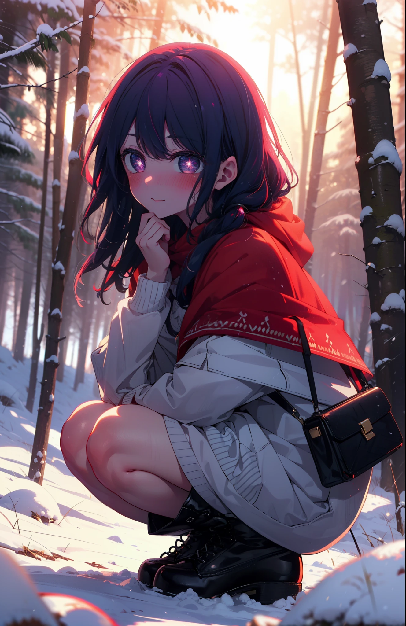 aihoshino, Ai Hoshino, Long Hair, bangs, (Purple eyes:1.1), Purple Hair, (Symbol-shaped pupil:1.5), smile,,smile,blush,white breath,
Open your mouth,snow,Ground bonfire, Outdoor, boots, snowing, From the side, wood, suitcase, Cape, Blurred, , forest, White handbag, nature, Squat, Mouth closed, Cape, winter, Written boundary depth, Black shoes, red Cape break looking at viewer, Upper Body, whole body, break Outdoor, forest, nature, break (masterpiece:1.2), Highest quality, High resolution, unity 8k wallpaper, (shape:0.8), (Beautiful and beautiful eyes:1.6), Highly detailed face, Perfect lighting, Highly detailed CG, (Perfect hands, Perfect Anatomy),