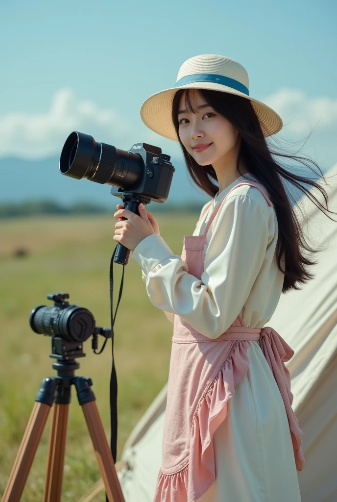 The composition shows a girl setting up a camera in preparation for astronomical observation in front of a camping tent on a grassland。There is a single-lens reflex camera mounted on a tripod next to it.。The bust is large、A beautiful Japanese girl in her late teens with a slim waist。Fine-grained skin、The color is white。 The face has large eyes、Cute round face。 Her hair is long and straight, reaching down to her chest.。My hair is blowing in the wind。 The face is smiling and looking back at the viewer.、Mouth is closed。 Her outfit is a long ivory dress with a pink floral frilled apron over it.。Wear a wide-brimmed white hat with blue accents。