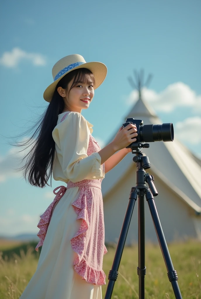 The composition shows a girl setting up a camera in preparation for astronomical observation in front of a camping tent on a grassland。There is a single-lens reflex camera mounted on a tripod next to it.。The bust is large、A beautiful Japanese girl in her late teens with a slim waist。Fine-grained skin、The color is white。 The face has large eyes、Cute round face。 Her hair is long and straight, reaching down to her chest.。My hair is blowing in the wind。 The face is smiling and looking back at the viewer.、Mouth is closed。 Her outfit is a long ivory dress with a pink floral frilled apron over it.。Wear a wide-brimmed white hat with blue accents。