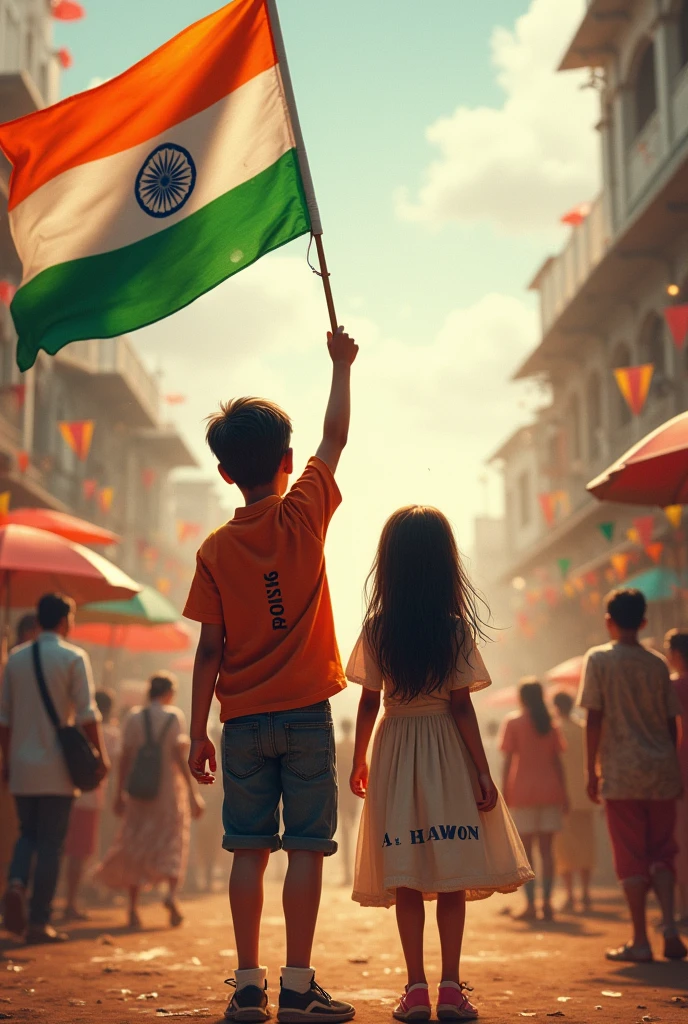 एक लड़का है इंडियन झण्डा फहराया रहा है और उसके पीठ पर ashish लिखा हुआ है और एक लड़की है और उसके पीठ पर gunja लिखा हुआ है