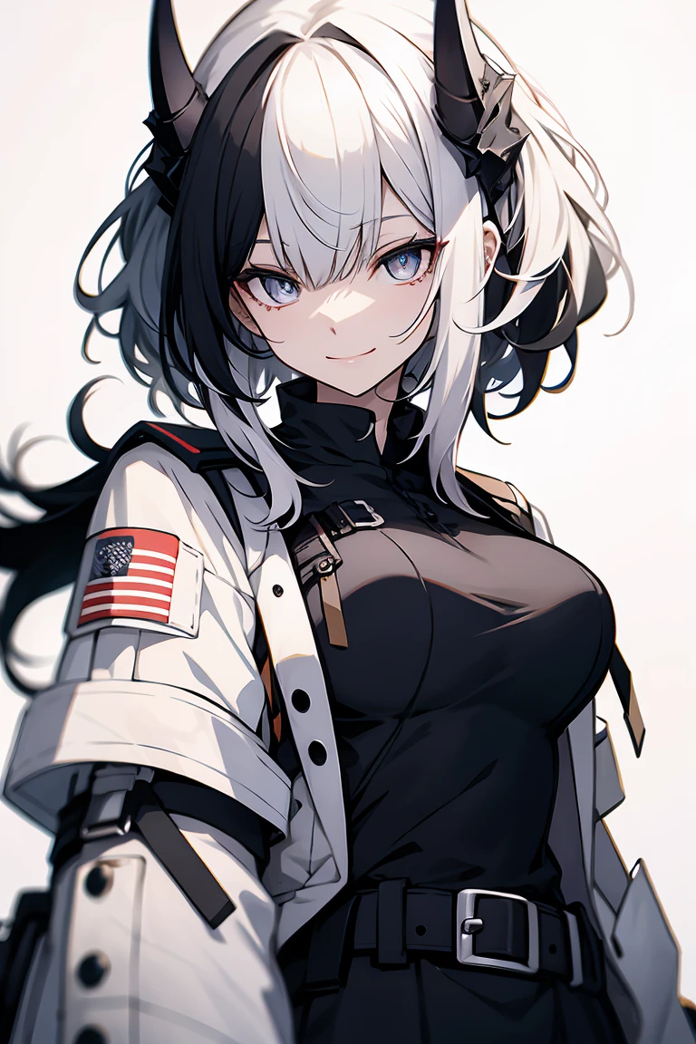 One Girl, whole body, White one-piece military uniform, (Tabletop:1.2, Highest quality), (Beautiful, detailed eyes: 1.2), (Beautifully detailed face), High Contrast, ( Very delicate and beautiful、), )),  very orange eyes, Large Breasts, Belt under the chest, White military uniform, White Skirt,Black Hair, Black tie,  (Pale white background:1.5), Wolf Cut Hair, Look at me and smile,horn