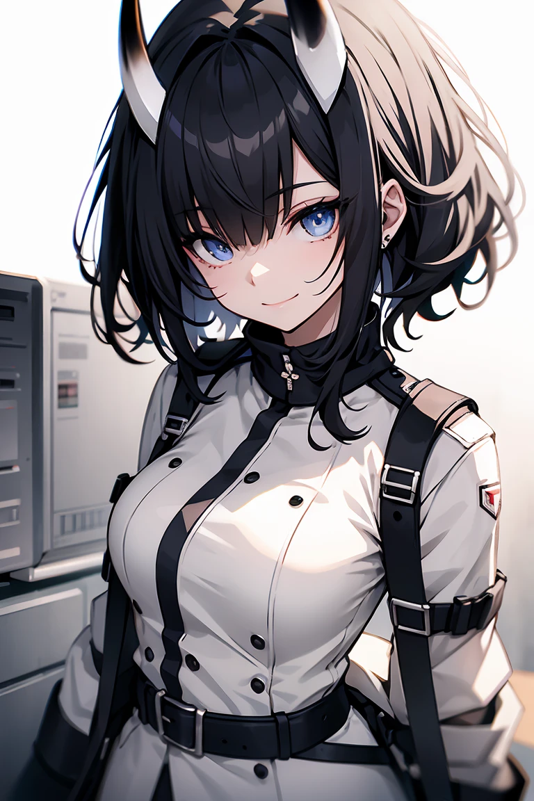One Girl, whole body, White one-piece military uniform, (Tabletop:1.2, Highest quality), (Beautiful, detailed eyes: 1.2), (Beautifully detailed face), High Contrast, ( Very delicate and beautiful、), )),  very orange eyes, Large Breasts, Belt under the chest, White military uniform, White Skirt,Black Hair, Black tie,  (Pale white background:1.5), Wolf Cut Hair, Look at me and smile,horn