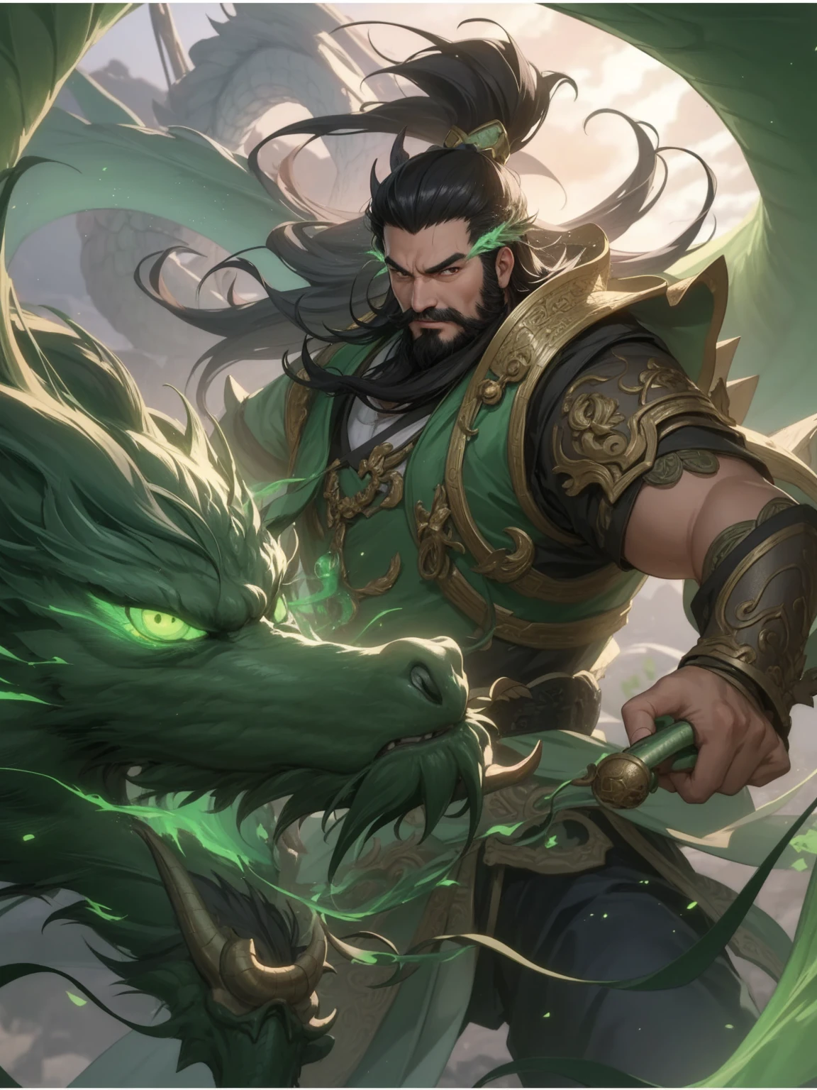 Close-up of a man with a dragon on his back, Guan yu, Inspired by Huang Shen, by Yang J, inspired by Huang Ding, Inspired by Hu Zaobin, inspired by Li Gonglin, bian lian, Inspired by Shen Zhou, inspired by Li Kan, olchas logan cure liang xing, yiqiang and shurakrgt