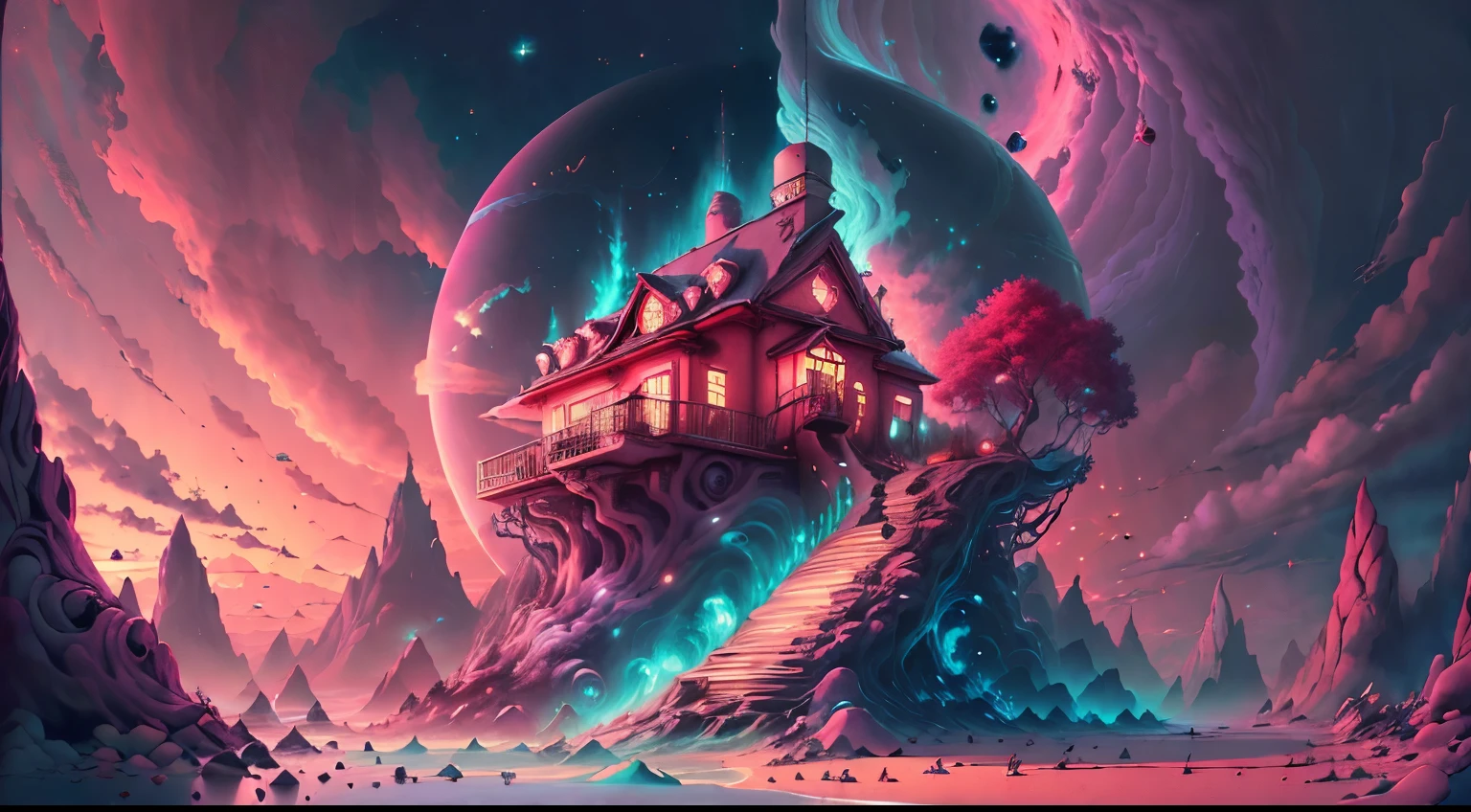 Fantasy 00d, Pastel drawing,  Mythical landscape [Geneva:Beach House:3]  Belle Pock Red Dwarf, At sunset, Energetic, 50年代のart, Cathode tube, (art：Abram Efimovich Arkhipov:0.8),
