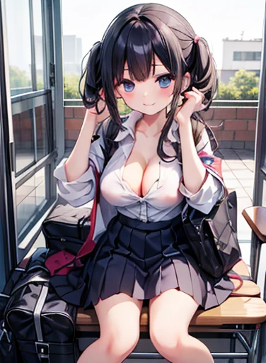 One girl, uniform, cute, Button unbuttoned, Cleavage, school bag, Looking at the audience, skirt, Bra exposure, Hands in hair, feet, smile、naked、Nipples、Large Breasts