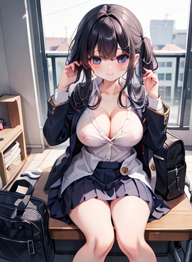 One girl, uniform, cute, Button unbuttoned, Cleavage, school bag, Looking at the audience, skirt, Bra exposure, Hands in hair, feet, smile、naked、Nipples、Large Breasts