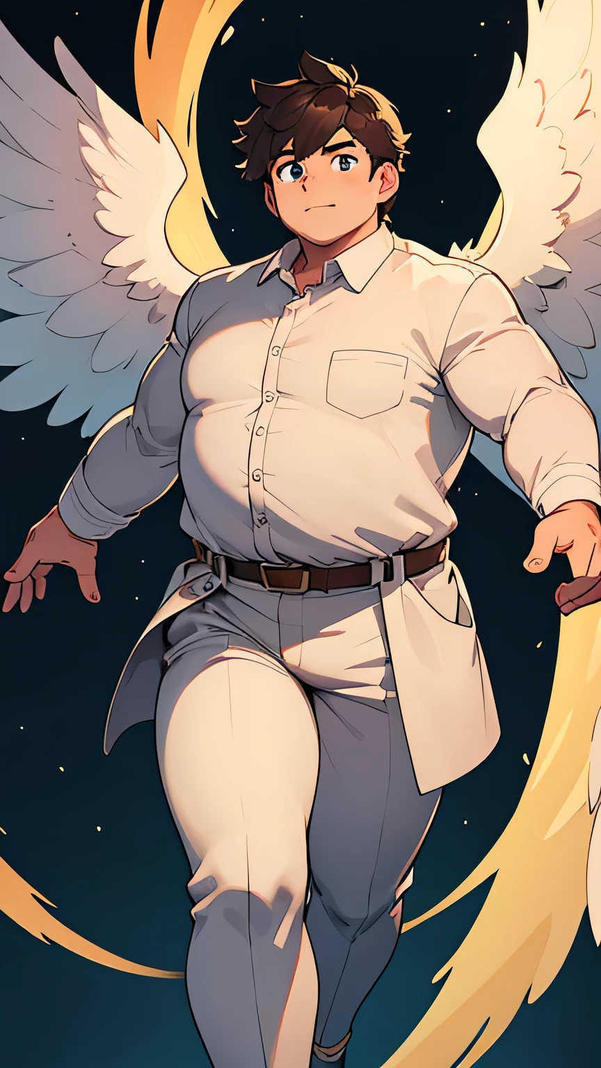 masterpiece, high quality, 8k, Ultra HD, detailed background, detailed face, space, male, young man, big belly, very thick body, chubby, overweight, bulky, fat, chubby cheeks, golden shoes, white button up long sleeve shirt with a golden coat and tie, golden pants with a white tight belt, tight clothes, 5 ft and 8 inches tall, two hundred pounds, seraphim, accurate angel in human form, wish granter angel, six angel wings on his back, flying, detailed character, solo, close up, handsome, cute