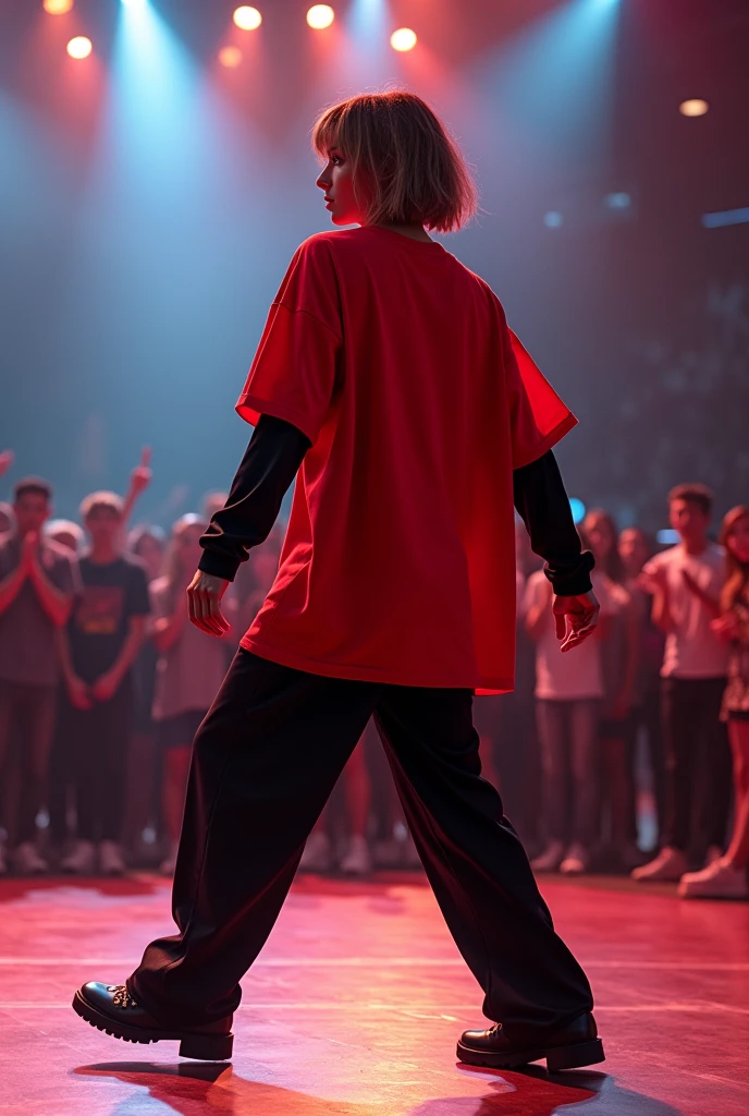 Red oversized t-shirt with black sleeves underneath for dance competition