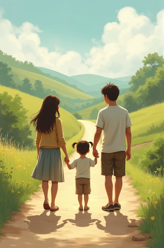 with pigtails holding hands with his father and mother on a country road