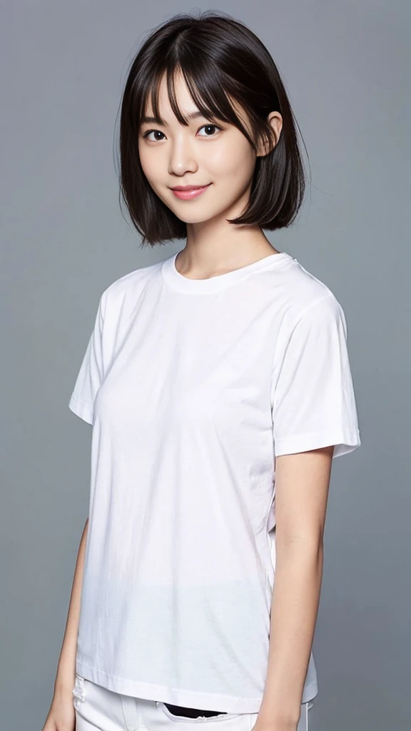 (Highest quality:1.5), (Real:1.4), (Ultra high definition:1.4), (No correction:1.4), (18 years old Japanese girl with big breasts standing front plain background), (Short stature girl), (Asymmetrical bangs), (short hair), (White T-shirt), (jeans), (18 years old girl wears white T-shirt and denim pants), (girl viewed from the front), (Plain background), (Cowboy Shot), (smile), (upright), 