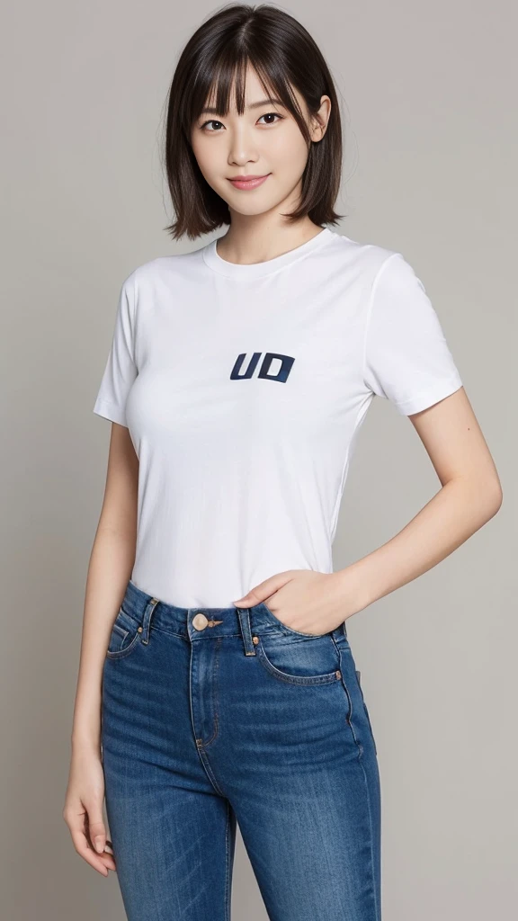 (Highest quality:1.5), (Real:1.4), (Ultra high definition:1.4), (No correction:1.4), (18 years old Japanese girl with big breasts standing front plain background), (Short stature girl), (Asymmetrical bangs), (short hair), (White T-shirt), (jeans), (18 years old girl wears white T-shirt and denim pants), (girl viewed from the front), (Plain background), (Cowboy Shot), (smile), (upright), 