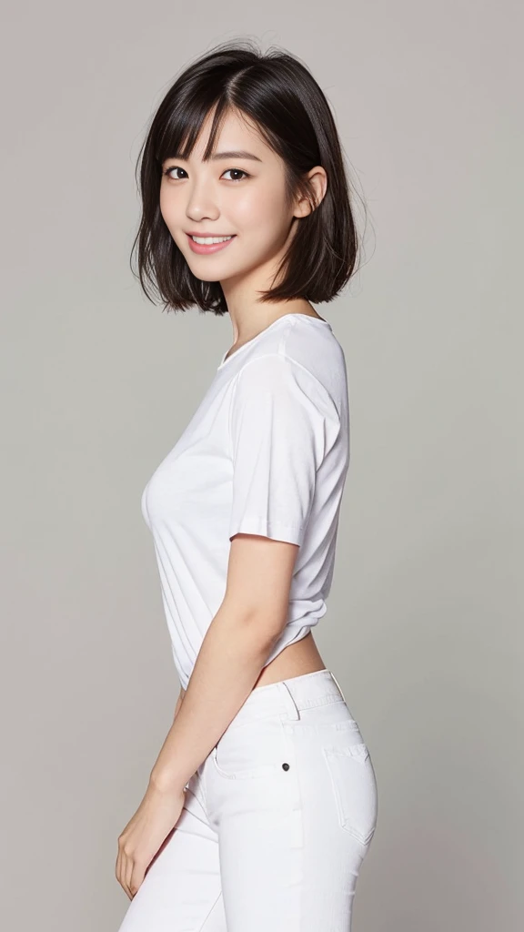 (Highest quality:1.5), (Real:1.4), (Ultra high definition:1.4), (No correction:1.4), (18 years old Japanese girl with big breasts standing front plain background), (Short stature girl), (Asymmetrical bangs), (short hair), (White T-shirt), (jeans), (18 years old girl wears white T-shirt and denim pants), (girl viewed from the front), (Plain background), (Cowboy Shot), (smile), (upright), 