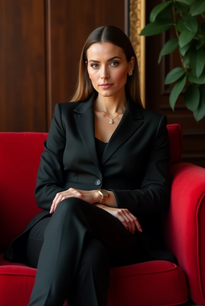 there is a woman in a suit sitting on a red couch, wearing a strict business suit, girl in suit, wearing black business suit, girl in a suit, in a business suit, in strict suit, wearing black suit, with a business suit on, wearing business suit, woman in black business suit, luxurious suit, black business suit, in a black suit