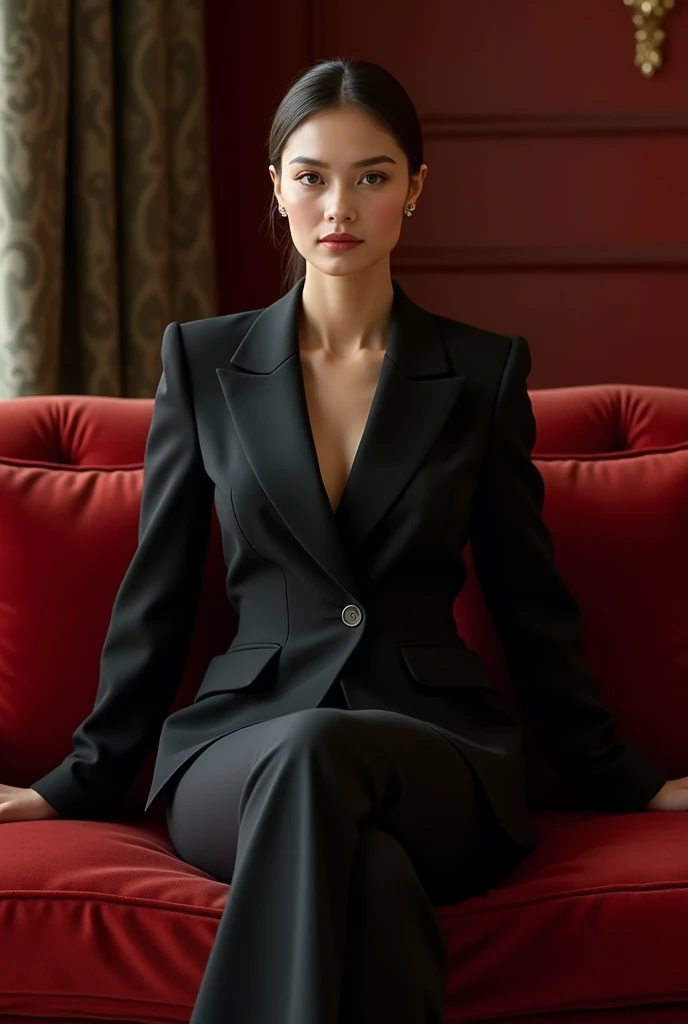 there is a woman in a suit sitting on a red couch, wearing a strict business suit, girl in suit, wearing black business suit, girl in a suit, in a business suit, in strict suit, wearing black suit, with a business suit on, wearing business suit, woman in black business suit, luxurious suit, black business suit, in a black suit