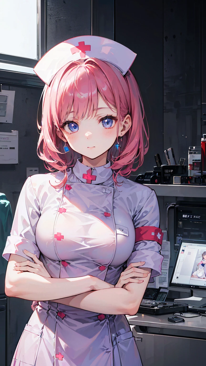Ultra-high resolution, 8k,high quality,(((Nurse in the nurse's office,Tight Skirt))),(Naked diagonal angle,Cunning Hand),(Young Girl、glowing、iridescent light,soft shadow,Anime Painting,thin line drawing),One Woman,(((Huge breasts,Shapely round breasts))),
