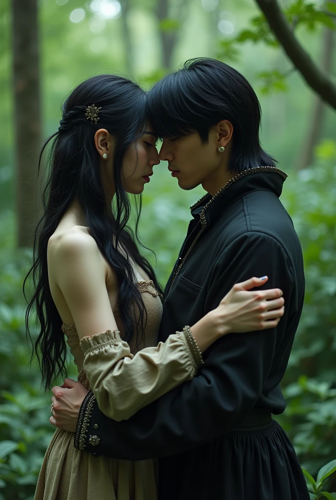 Make an Asian woman, but don't show her face, She has white skin and long black wavy hair and her hair is disheveled, She is a savage and that is why her clothes are torn and worn out and dirty. next to her, Make BTS Singer Jeon Jungkook Dressed as a Prince, with the typical princely attire of an elegant and modern prince. The two are hugging on an island in the middle of the forest.. Don't show their face 8K HD Real High Resolution