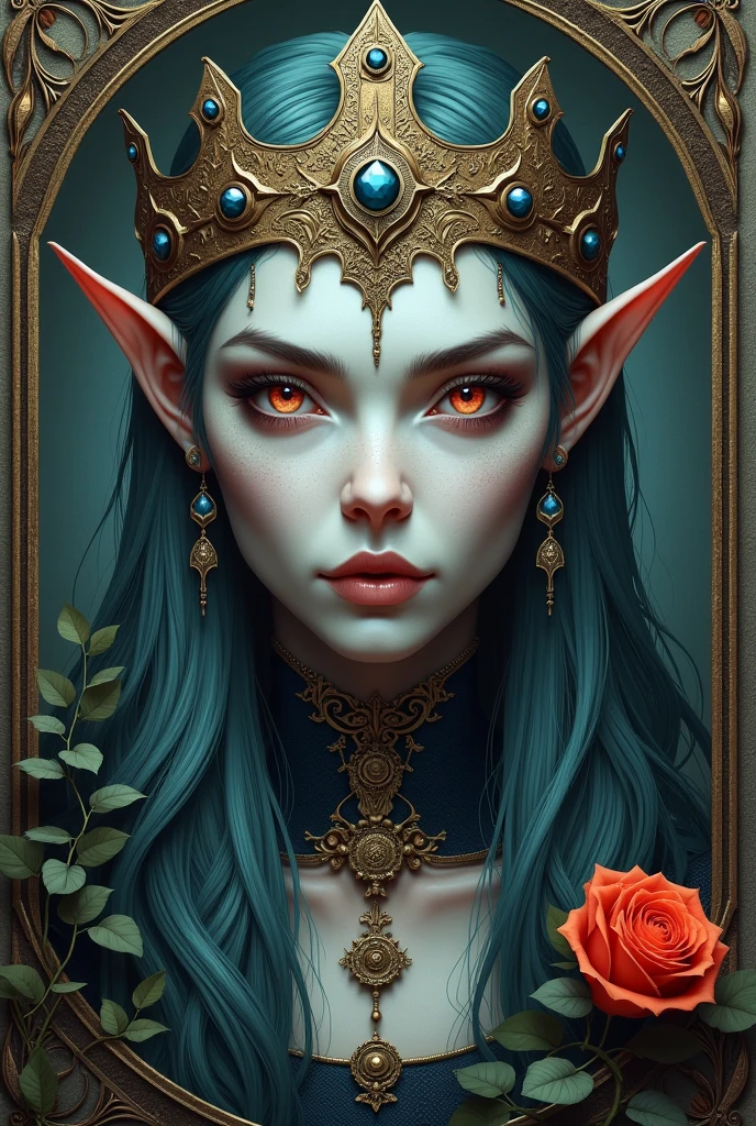 Create a highly detailed portrait of an elf character, with a style similar to that of a dark fantasy artwork. The elf should have sharp, angular features with a serious expression., similar to that of royalty. The image must include a detailed and ornate crown, similar to medieval designs, with intricate patterns and a royal aura. The elf&#39;s skin tone must be unique to its race., maybe a pale blue or silver, with bright eyes that reflect their mystical nature. Surround the character with frames or ornamental patterns, including items such as leaves, vines or mystical symbols that enhance the fantasy theme. A single vibrant flower must be integrated (like a rose) In the design, adding contrast and depth. The color palette should use muted and cool tones., emphasizing the dark fantasy atmosphere. The overall style should combine elements of realism with an artistic flair., almost gothic, similar to the design of an ancient and revered monarch