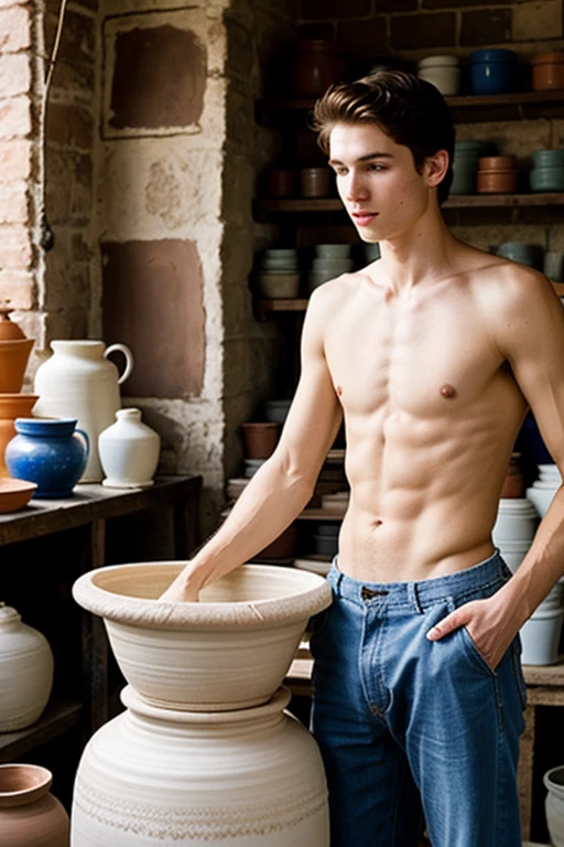 young, Beautiful, handsome, white, skinny, soft skin, beautiful face, shirtless, In an old pottery shop making a pot with an old man who teaches him