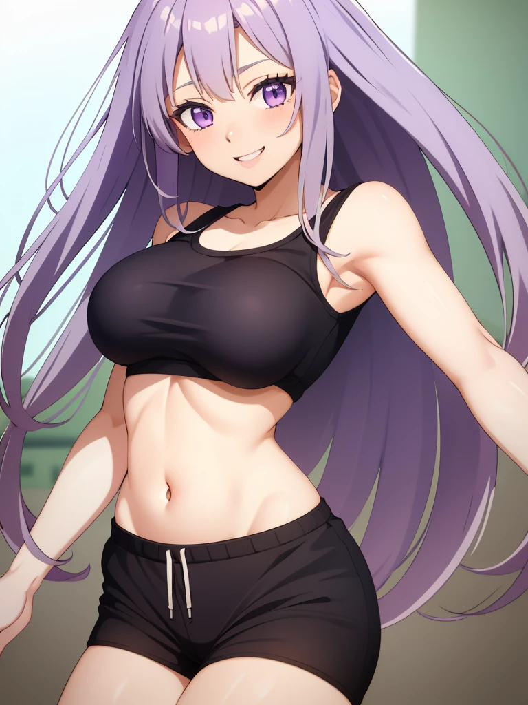 Anime, 1girl, solo, long_hair, purple_eyes, light_purple_hair, bare_shoulders, blushing, smile, upper_body, bangs, sidelocks, anime_coloring, white crop top, black athletic shorts, medium breasts, thick thighs, sexy pose, high res, best quality, masterpiece 