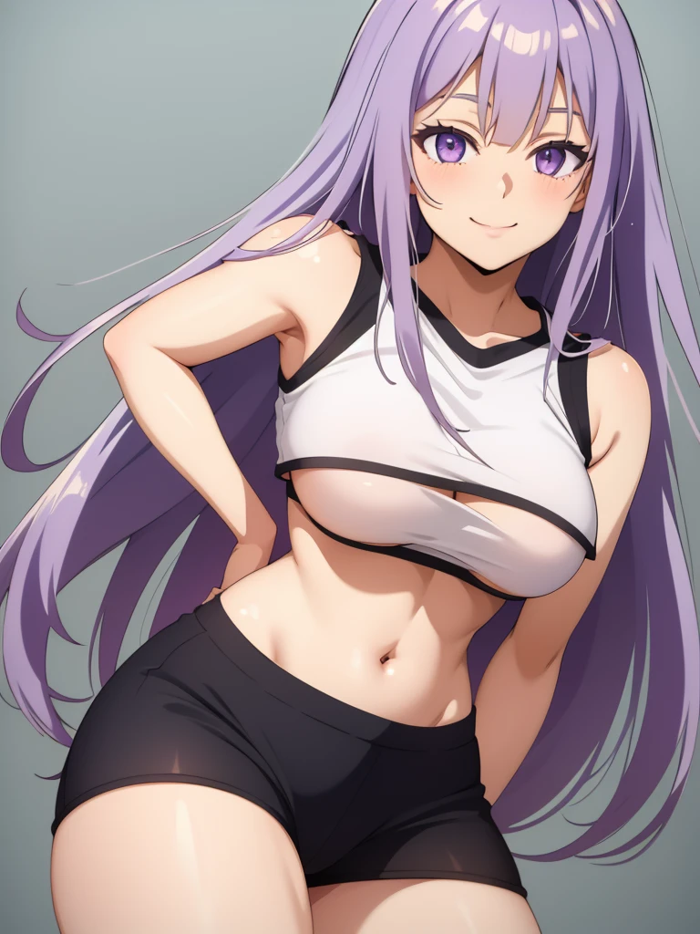 Anime, 1girl, solo, long_hair, purple_eyes, light_purple_hair, bare_shoulders, blushing, smile, upper_body, bangs, sidelocks, anime_coloring, white crop top, black athletic shorts, medium breasts, thick thighs, sexy pose, high res, best quality, masterpiece