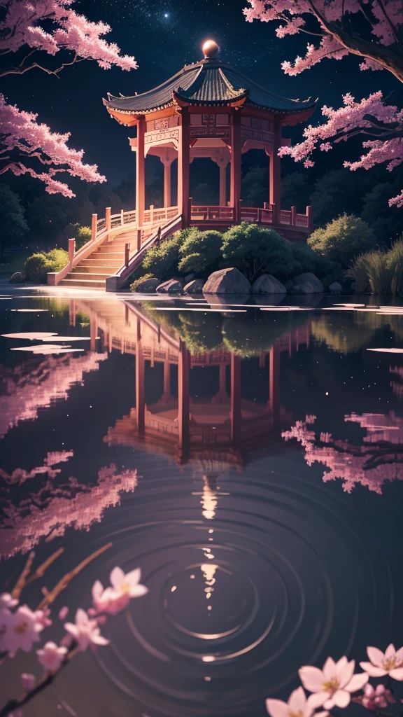 Gazebo on the lake,Shining Water Surface,night,Huge moon background,Purple tones,Paper print x1.5,Tilt Shift,Cloud x1.3,Plum blossom x1.2,Soft lighting,Oriental elements,dream-like,pastel colour,Bright colors,Traditional Chinese color scheme,Streamlined Design,Clear lines,High Sharpness,Highest quality,Very detailed,masterpiece,Official Art,Cinematic lighting effects,4K